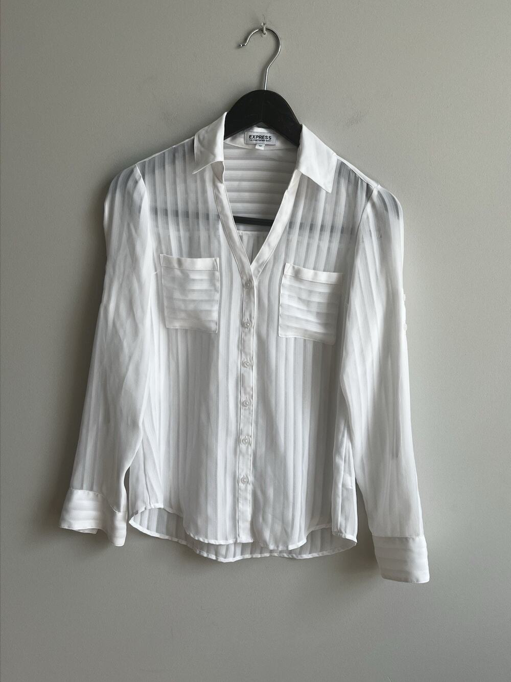 Express The Portofino Shirt Womens XS White Vertical Stripes Sheer SlimFit